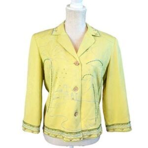 Nancy Bolen Blazer Women's Small Yellow 100% Silk Beaded Embroidery 3/4 Sleeve